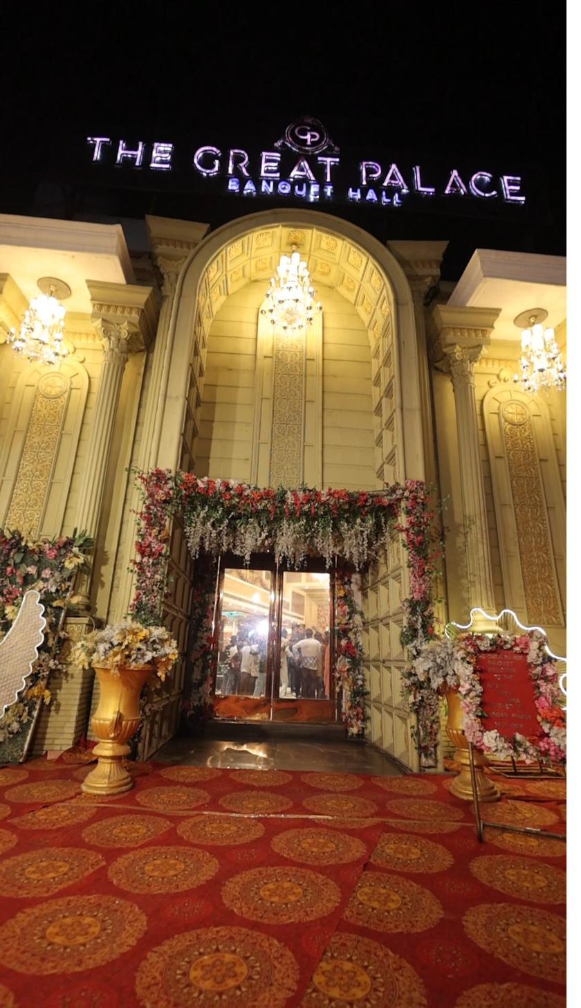 The Great Palace Banquet Hall — Grand exterior entrance at night, Seelampur East Delhi
